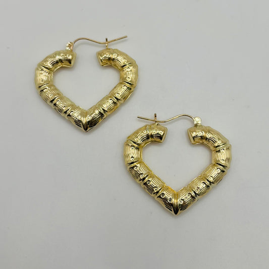 10k Gold 1.3" Heart Bamboo Hoops (Lightweight)
