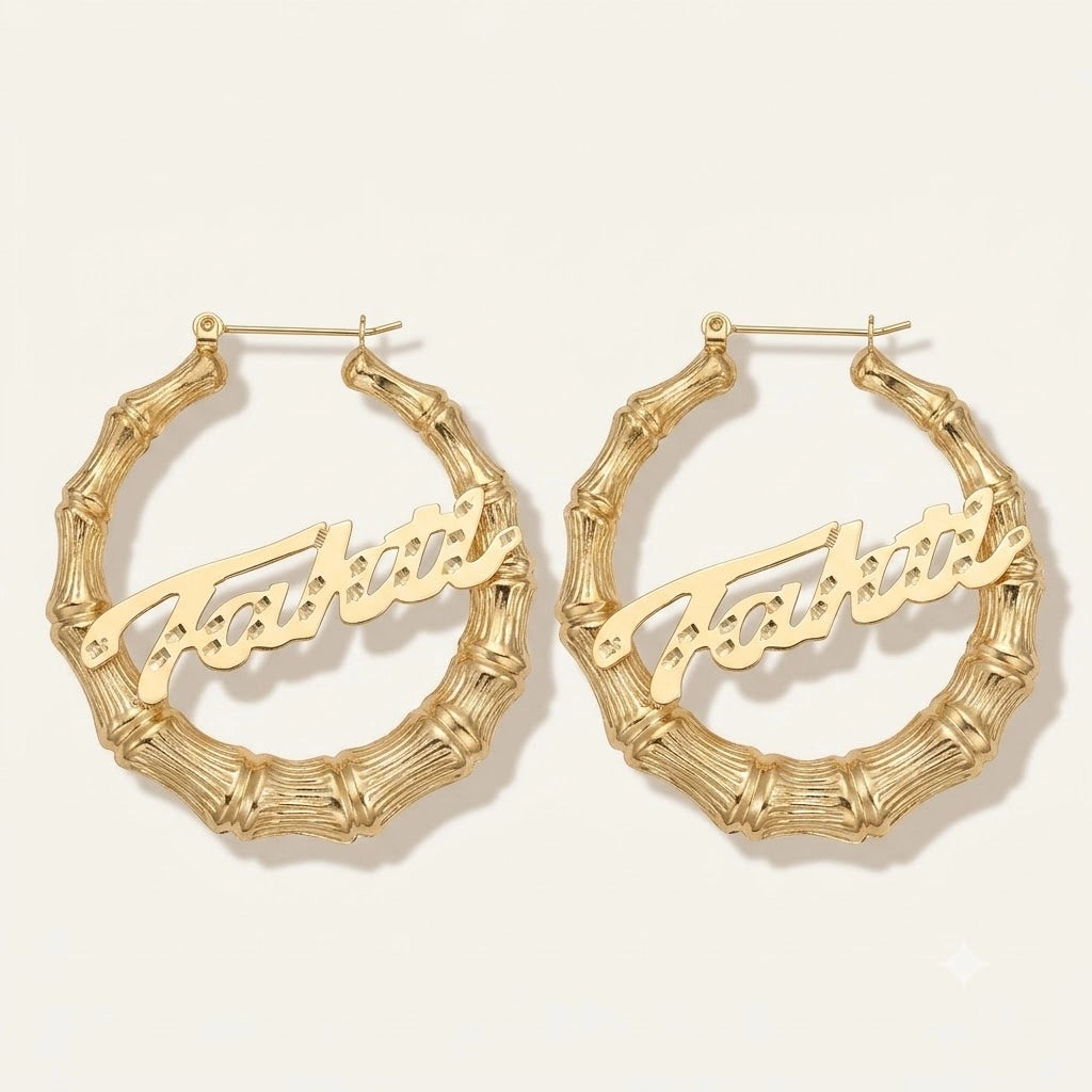 10K Gold Bamboo Hoop Earrings (3 inch) with Custom Name