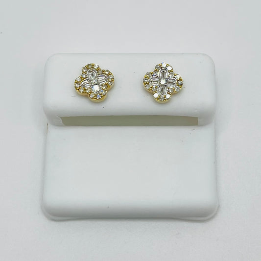 14k Gold Baguette Diamond Cross Clover Earrings 9mm