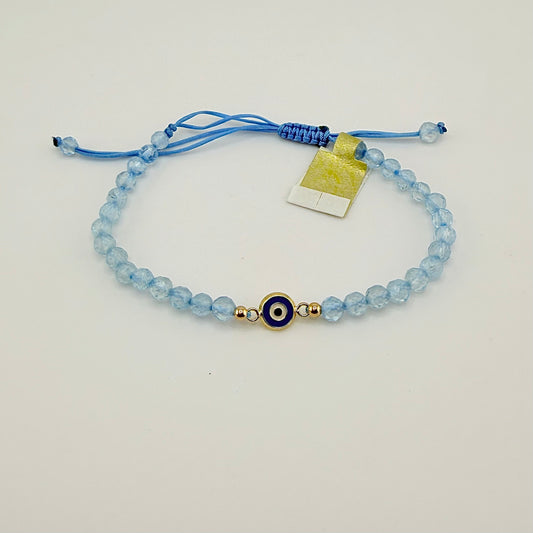 14k Gold Beaded Evil Eye Bracelet - Light Blue