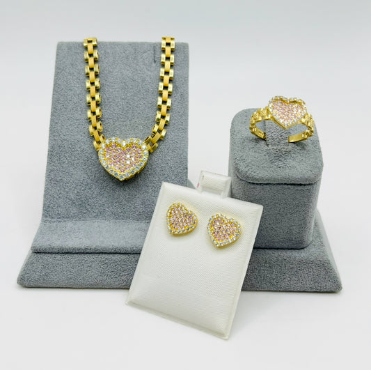 10K Gold Pink Heart 5mm RX Chain Set