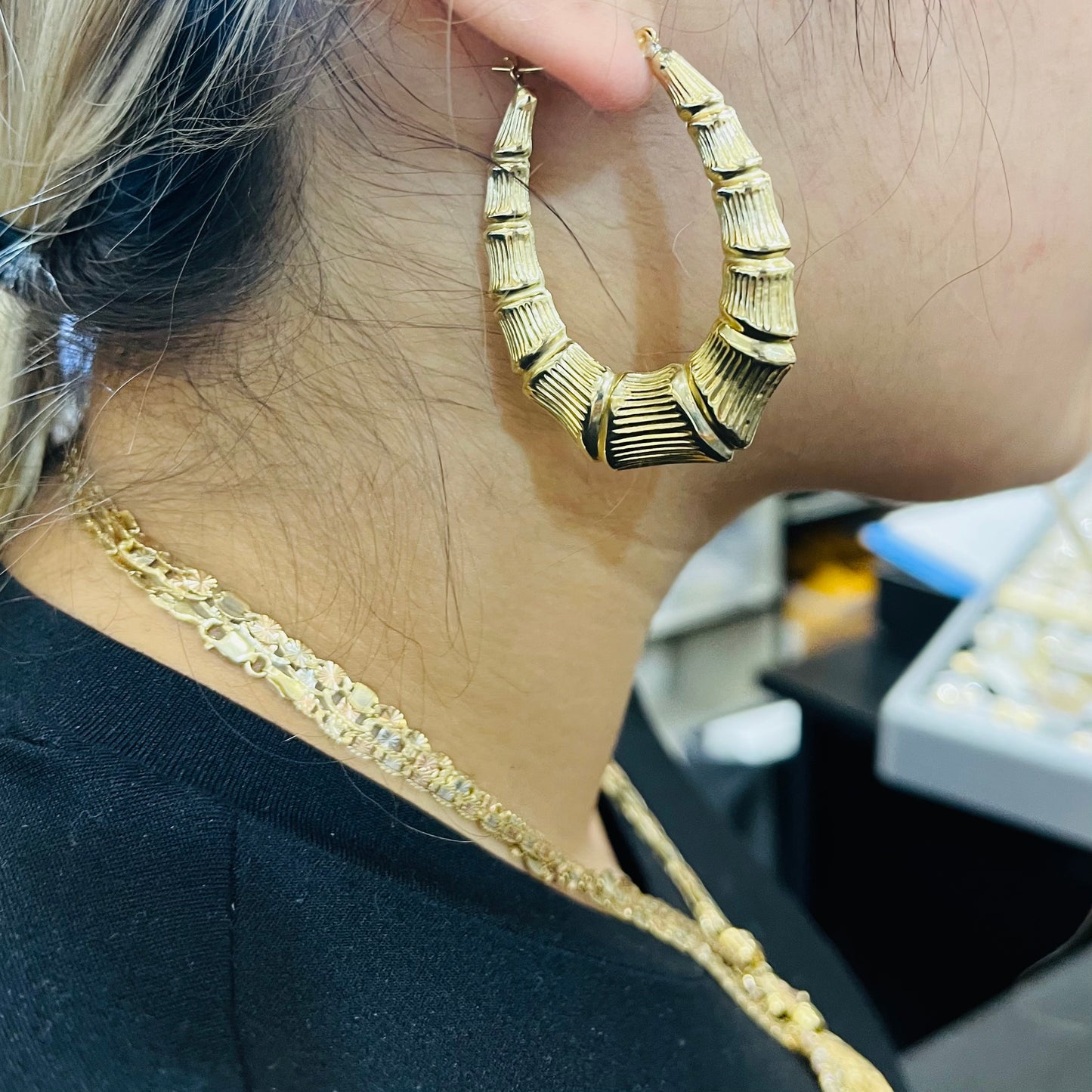 10K Gold Oval Shape Bamboo Hoops