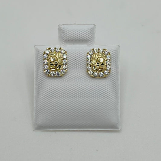 10k Gold Rectangle Nugget Cz Border Earrings (XS)