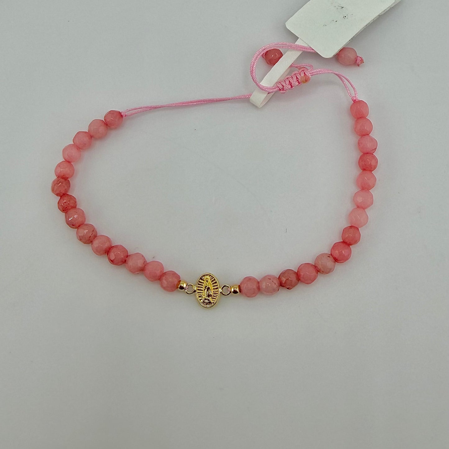 14k Gold Beaded Virgin Mary Bracelet - Light Pink