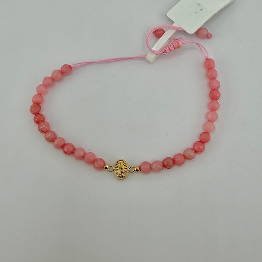 14k Gold Beaded Virgin Mary Bracelet - Light Pink