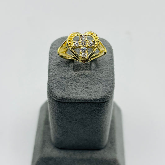 10K Gold Cross in Heart CZ Ring