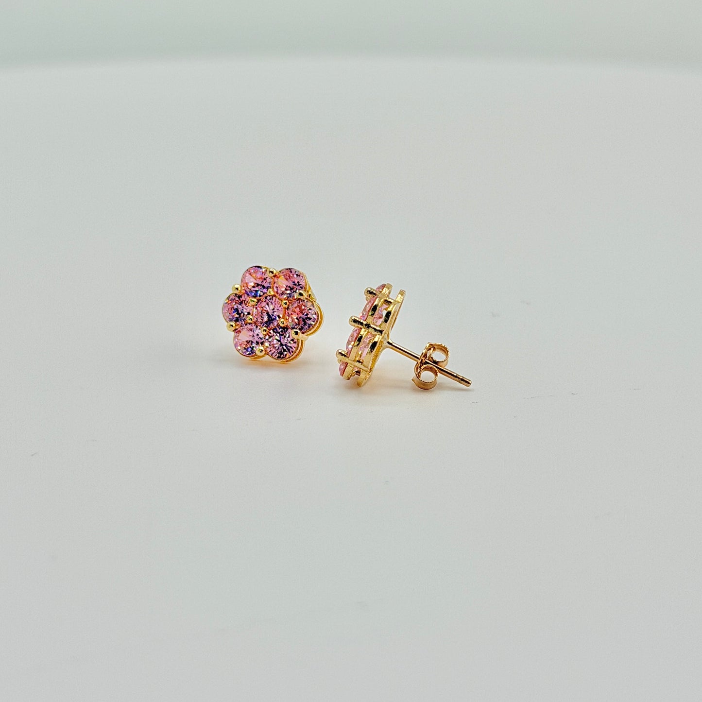 10K Gold Pink Flower CZ studs 10mm