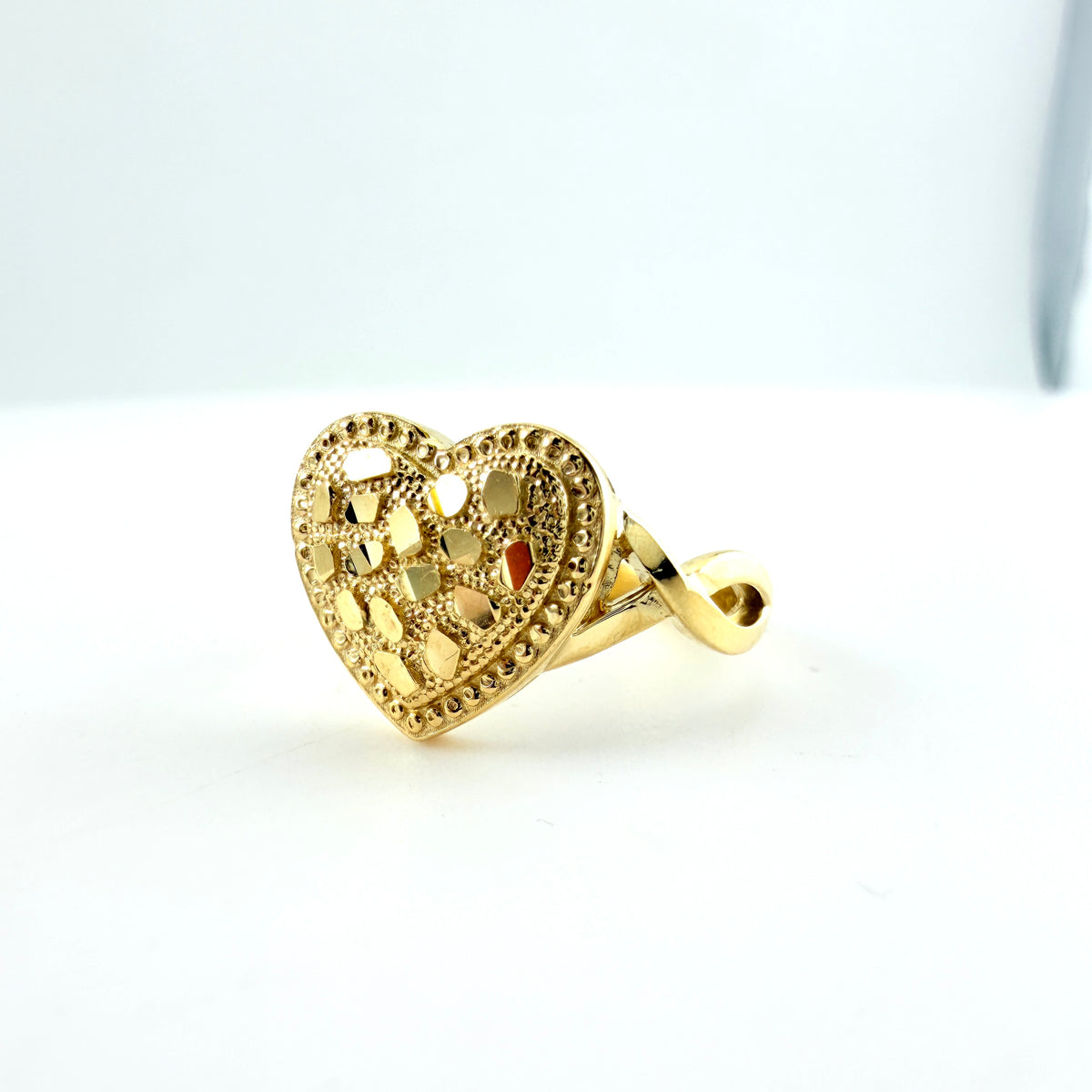 10k Gold Deluxe Nugget Heart Ring with Beaded Border