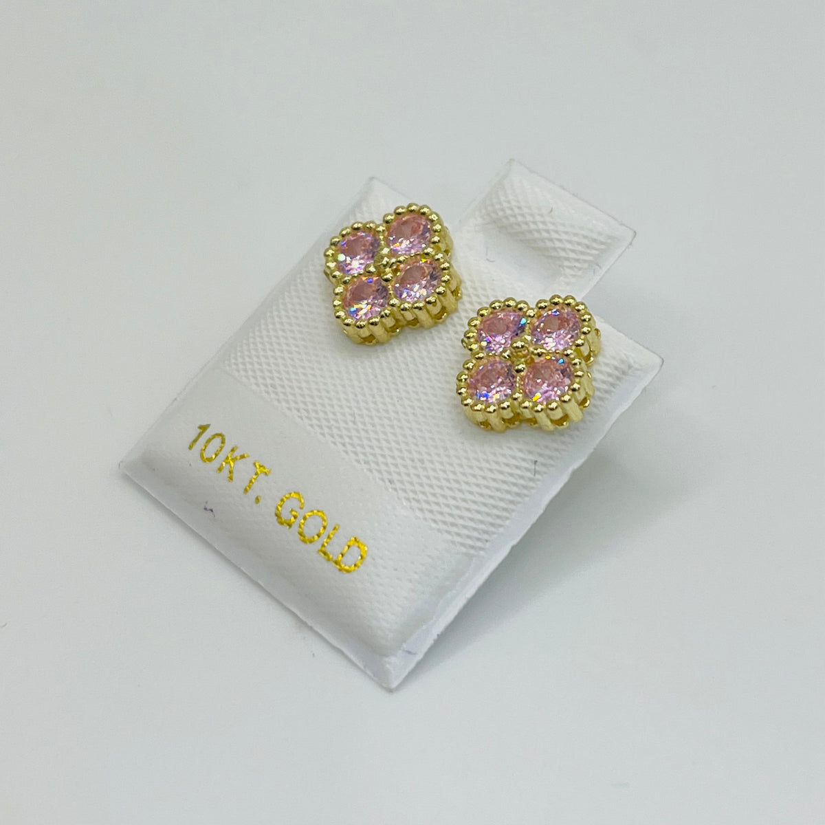 10K Gold Pink Clover CZ Earrings | Face Size: 8mm