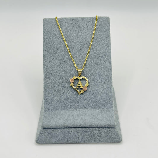 10K Gold Heart with Roses Initial Charm with Rolo Chain