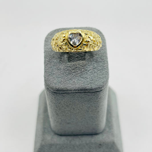 14k Gold Nugget Cz Heart Ring