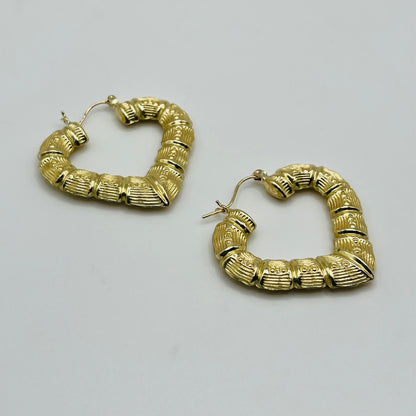 10K Gold Bamboo Heart Hoop Earrings (1.5 in)