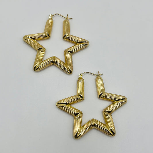 10K Gold Star Bamboo Hoop Earrings (45mm)
