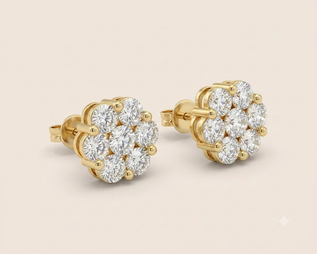 10k Gold Diamond 7 stone Flower Earrings 7mm