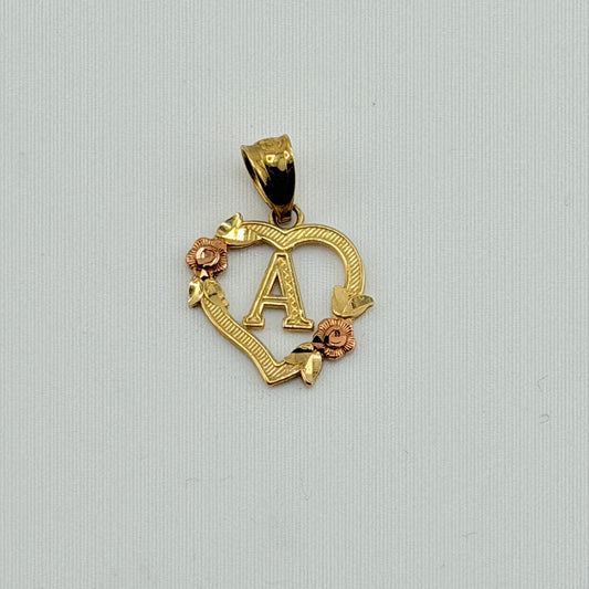10K Gold Heart Initial Charm with Roses