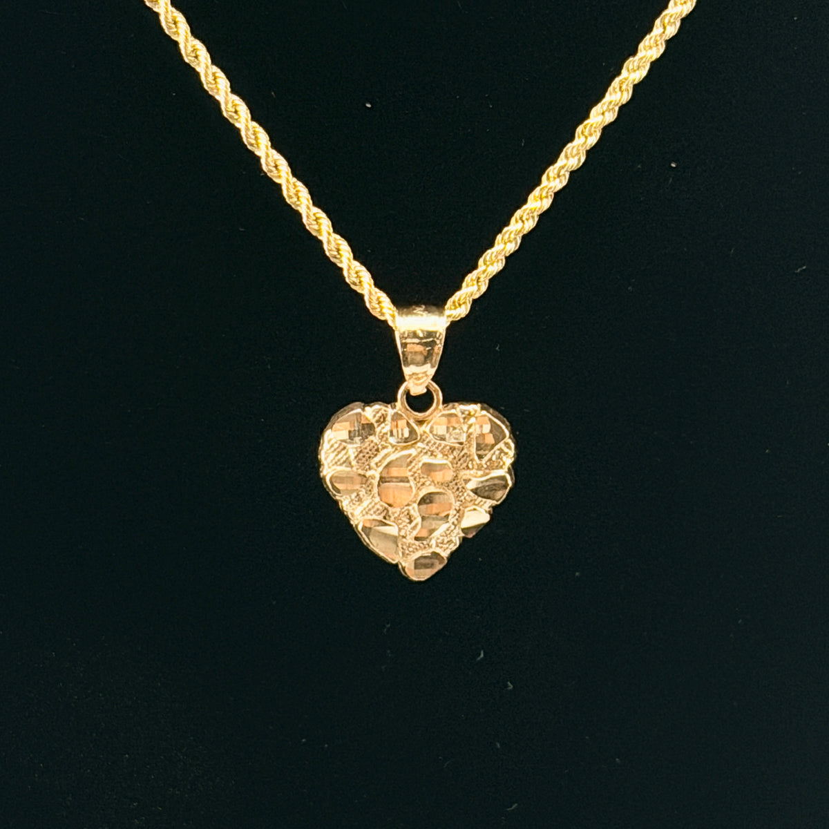 10K Gold Heart Nugget Necklace charm and chain in real gold