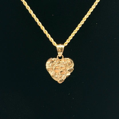 10K Gold Heart Nugget Necklace charm and chain in real gold