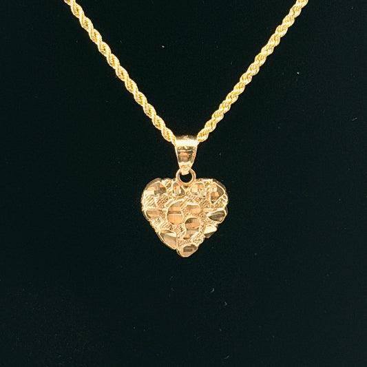 10K Gold Heart Nugget Necklace charm and chain in real gold