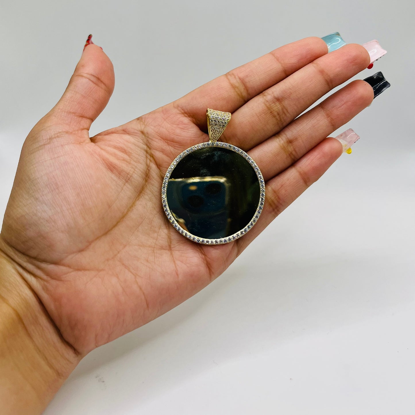 10k Gold Round Full CZ On Bell Picture Pendant (L)