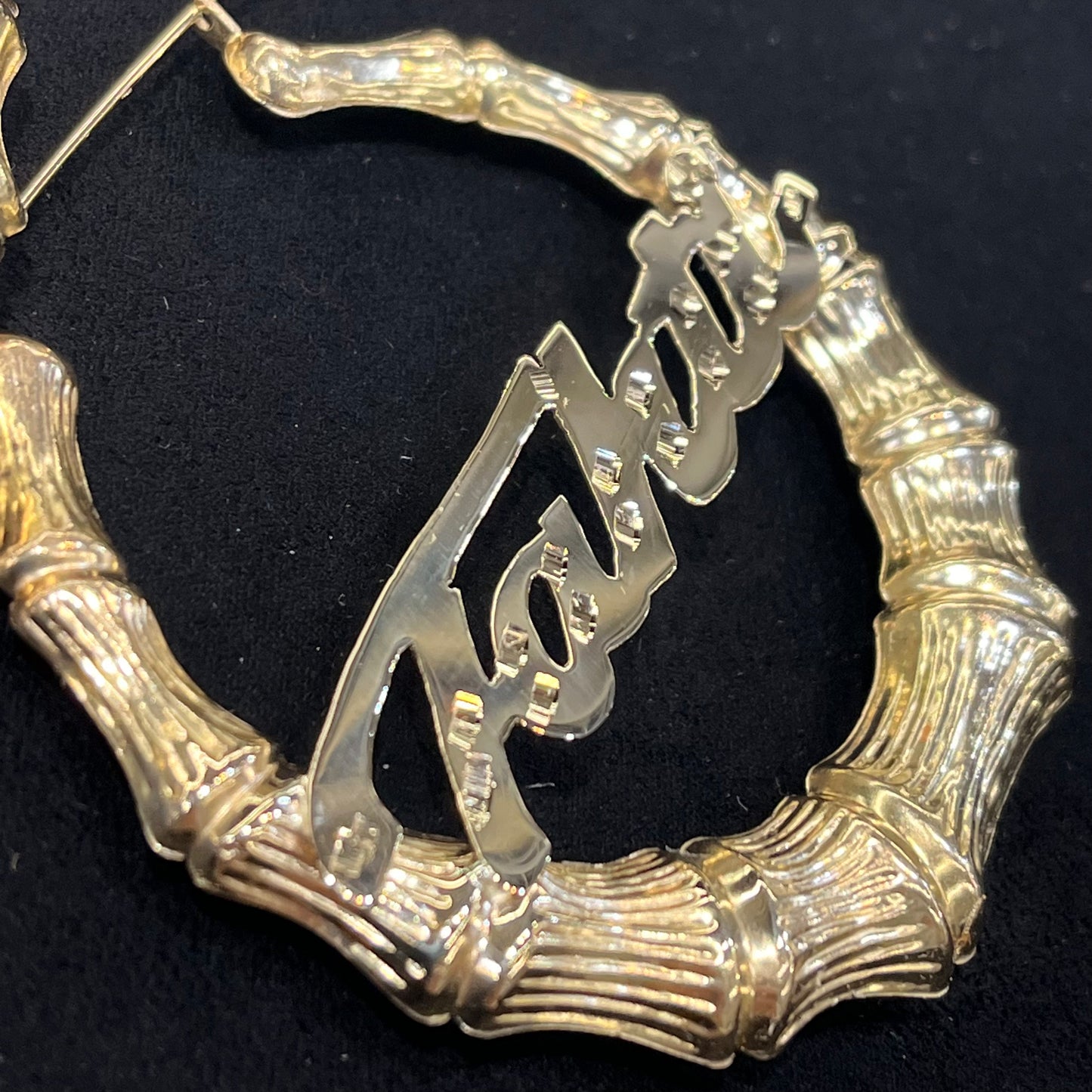 10K Gold Bamboo Hoop Earrings (3 inch) with Custom Name