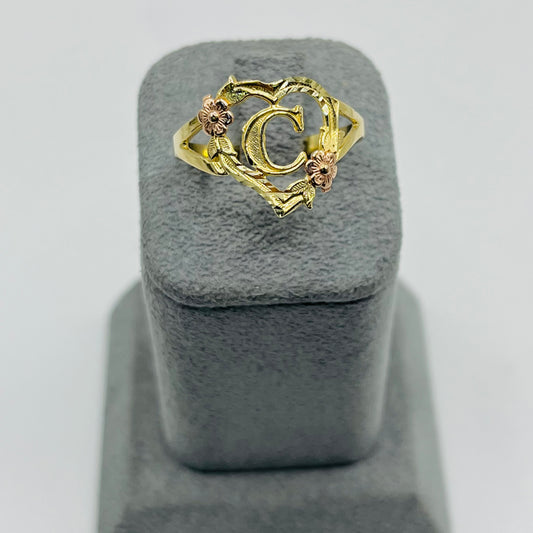 10K Gold Heart Initial Ring with Roses