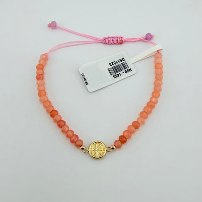 14k Gold Beaded San Judas Bracelet - Pink