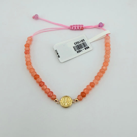 14k Gold Beaded San Judas Bracelet - Pink