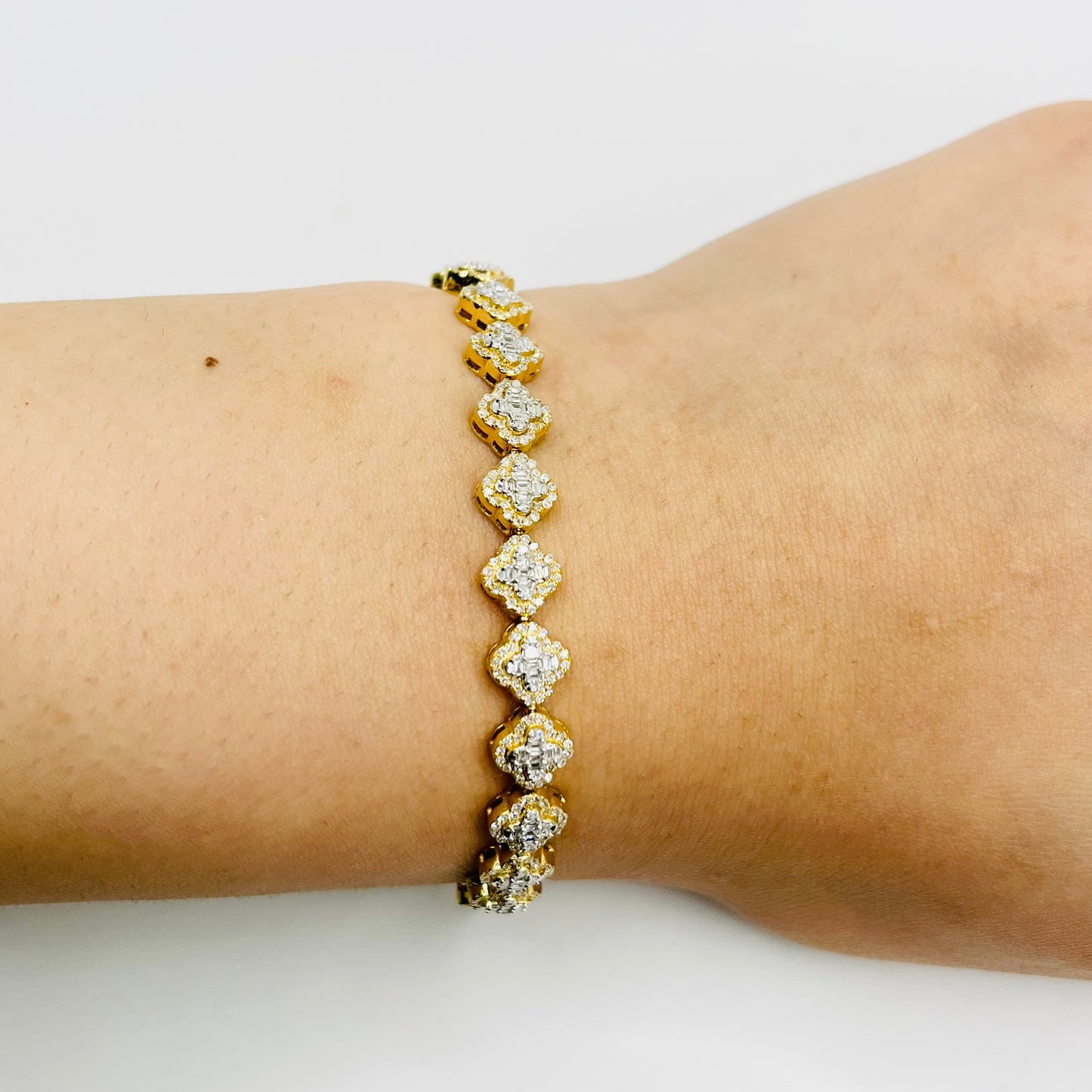 Two Tone Baguette Diamond Clover Bracelet