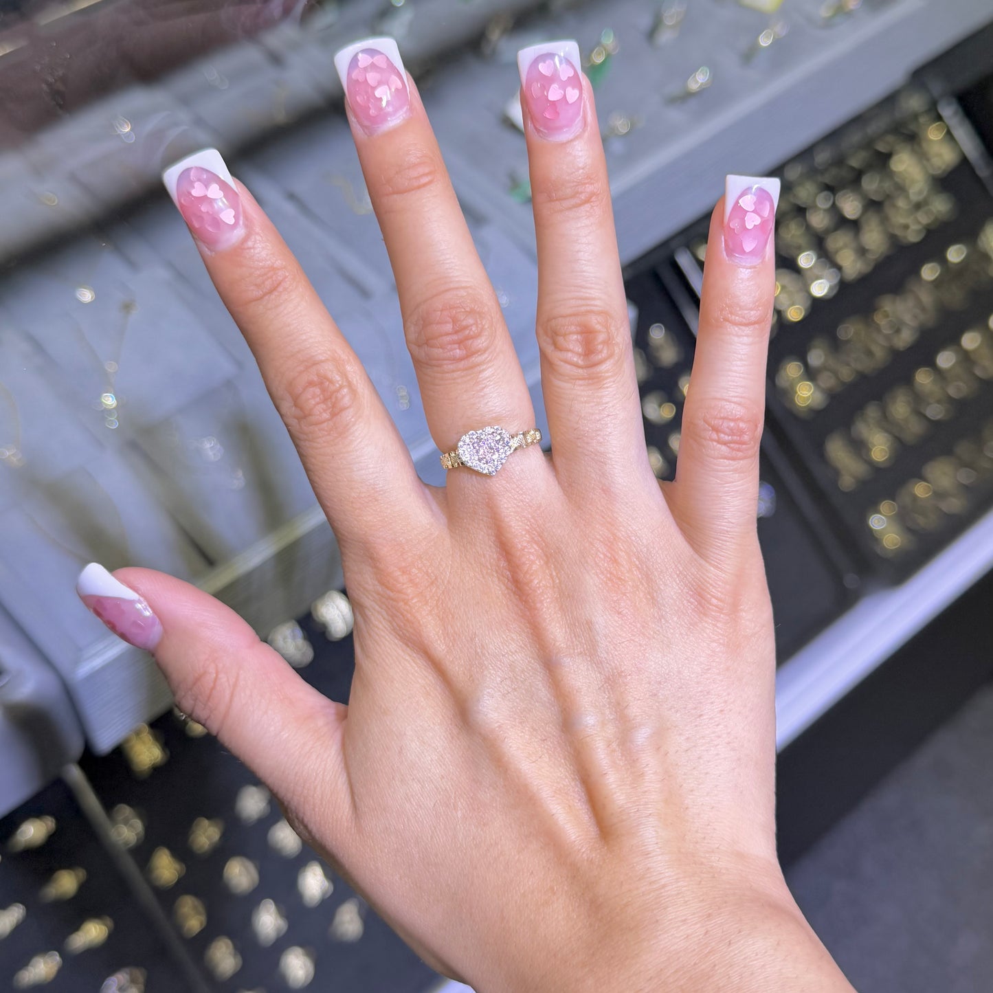 10K Gold Petite Pink Heart Cz Rx Band Ring
