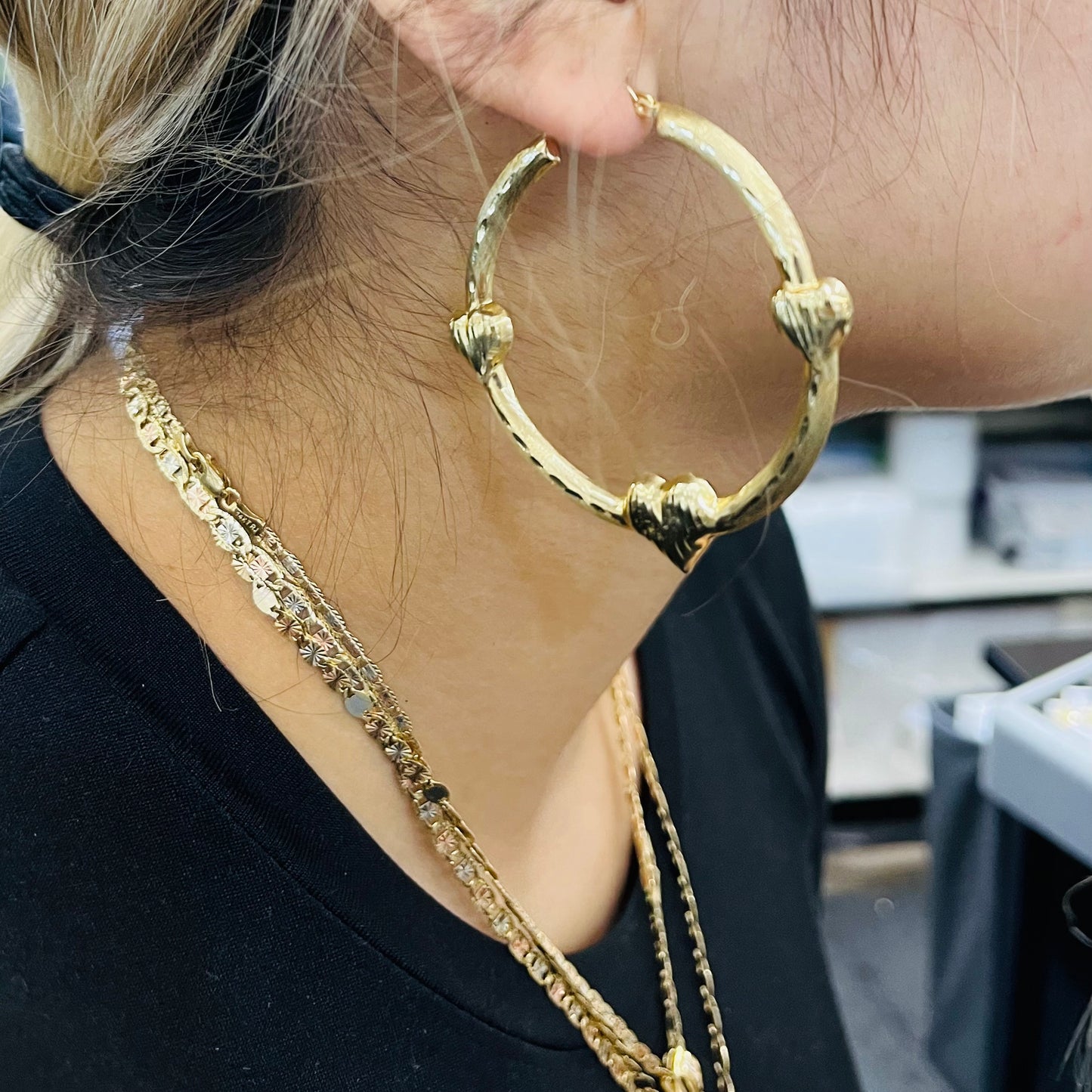 10K Gold Triple Heart Hoop earrings ( 2")