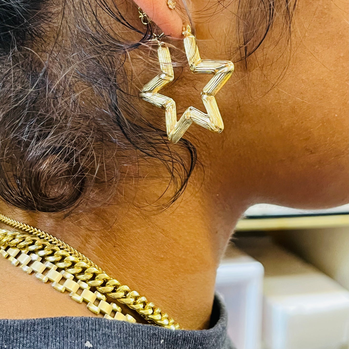 10K Gold Star Bamboo Hoop Earrings (30-35mm)