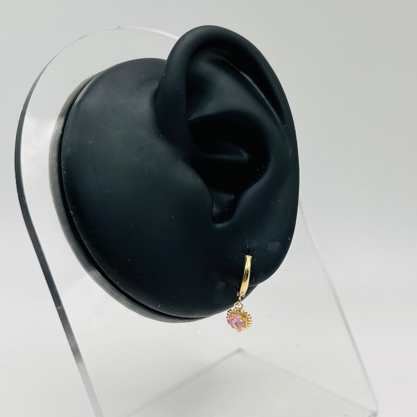 14k Gold Hoop with Dangling Pink Hearts Baby Earrings