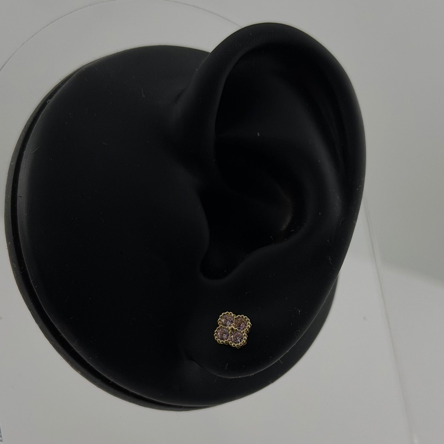 10k Gold Tiny Pink Cz Clover Earrings (S)