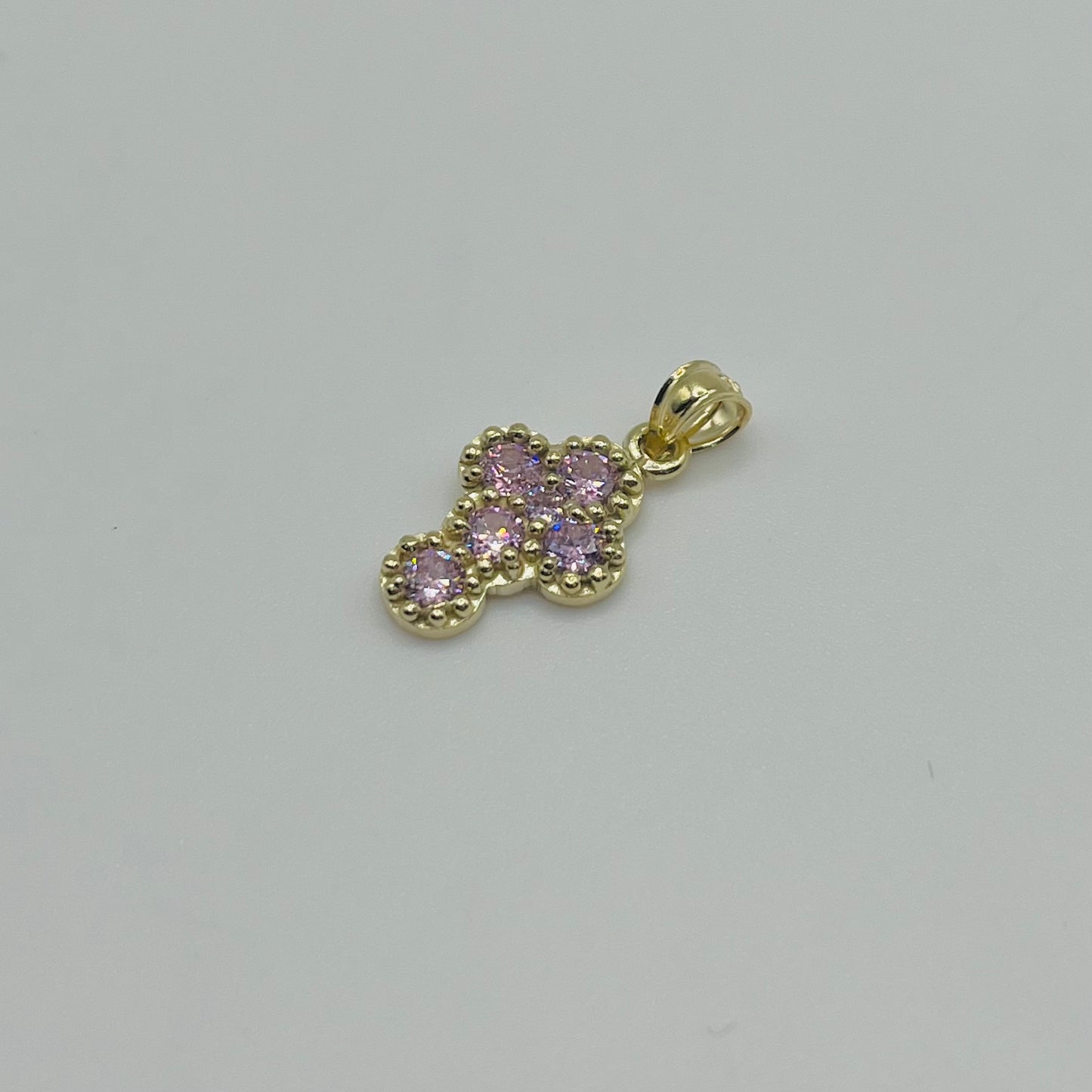 10k Gold Beaded Cz Pink Cross Charm (S)