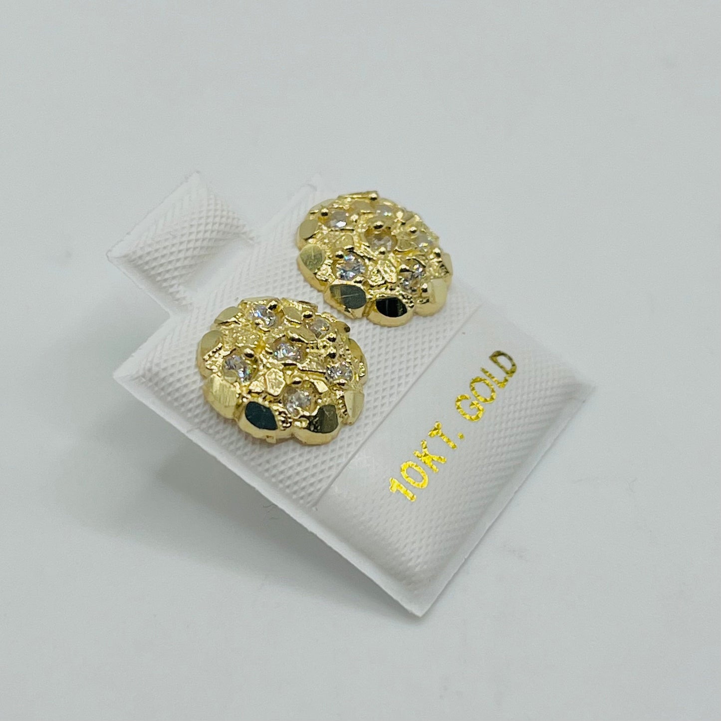 10K Gold Round Nugget Earrings with CZ | Face Size: 10mm