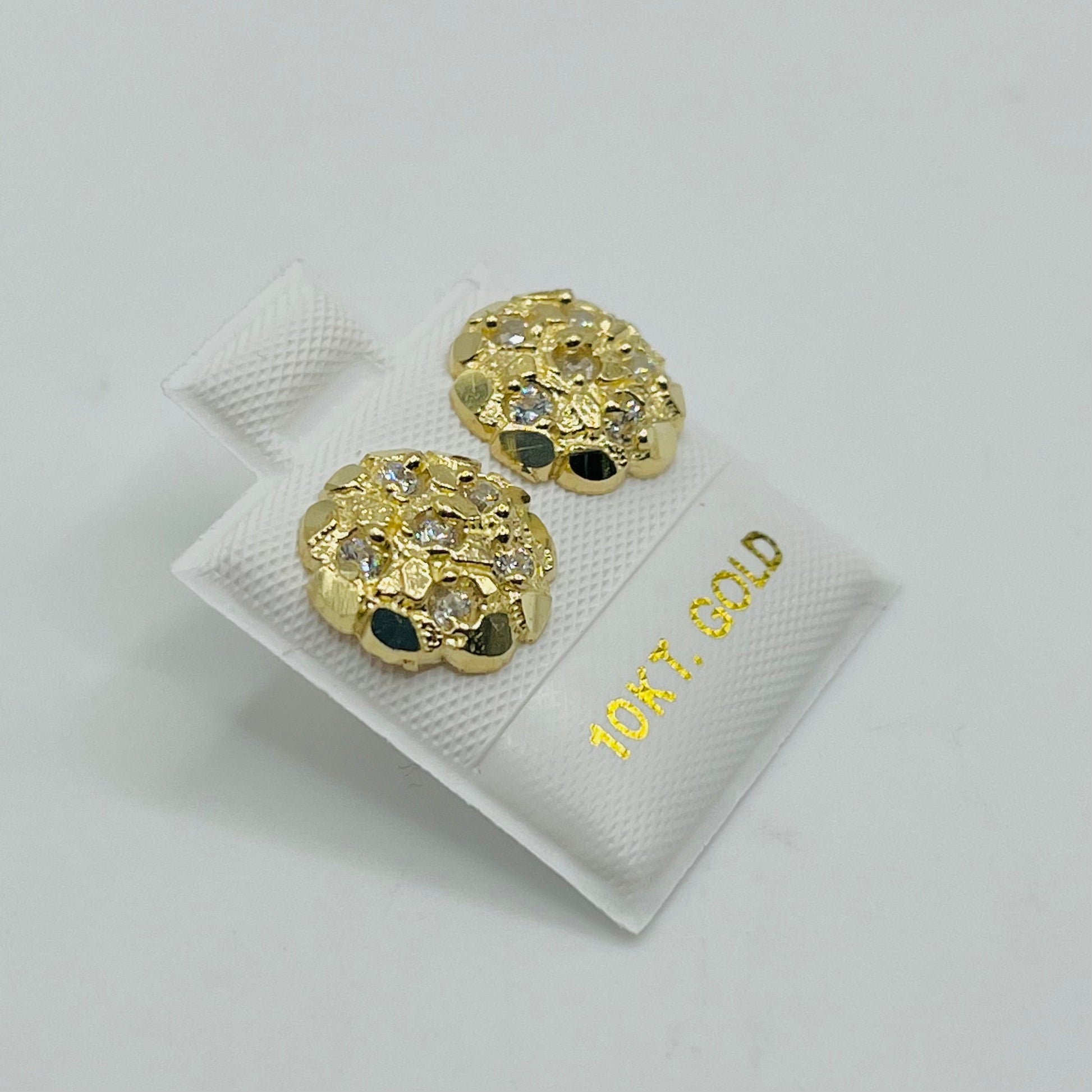 10K Gold Round Nugget Earrings with CZ | Face Size: 10mm