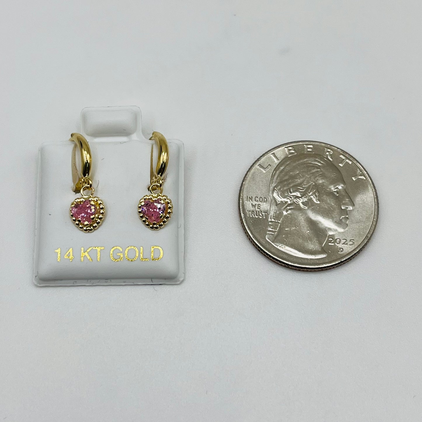 14k Gold Hoop with Dangling Pink Hearts Baby Earrings