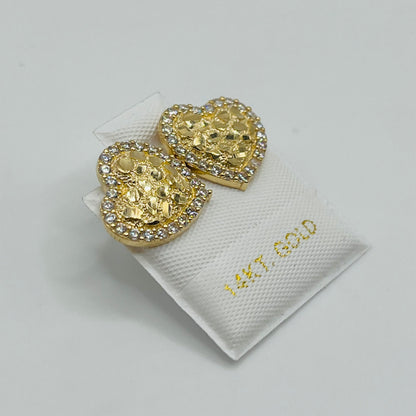 14K Gold Heart Nugget Earrings with CZ Border