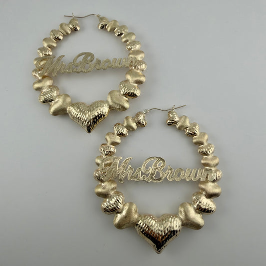 10K Multi Heart Hoop Earrings (1.8") with Custom Name