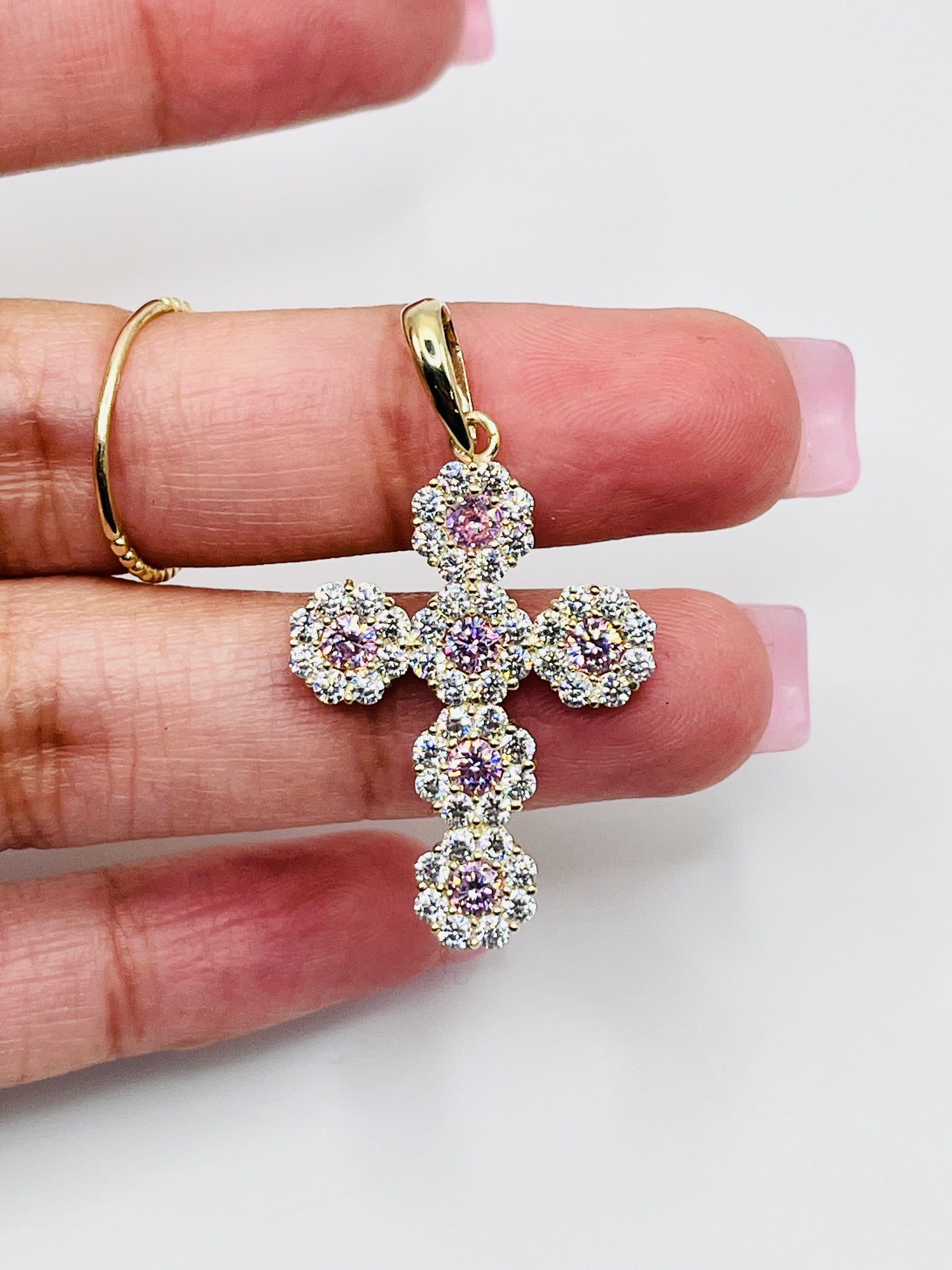 10k Gold Pink and White CZ Flower Cross