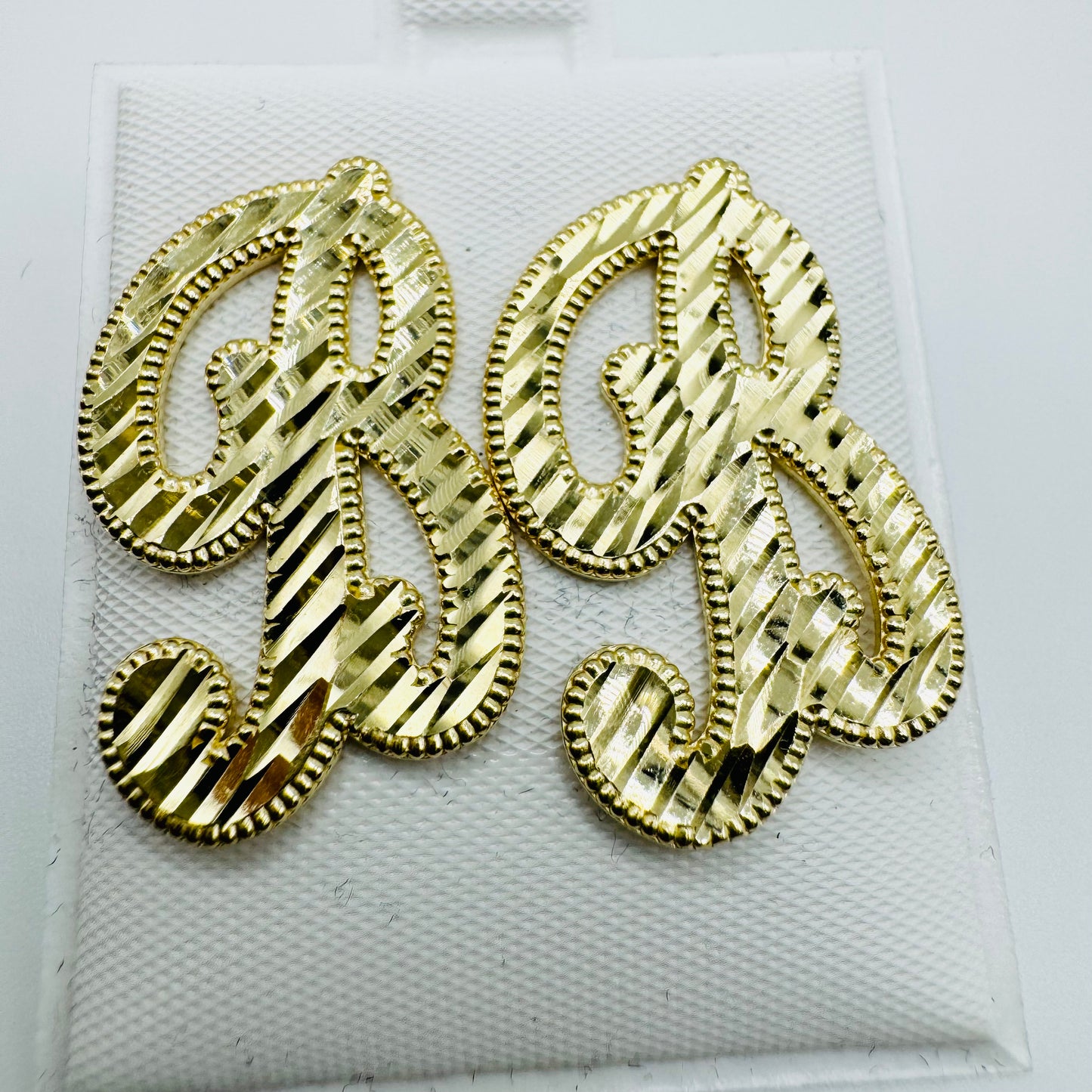 10K Gold  Large Cursive Initial Earrings (shiny diamond cut finish)