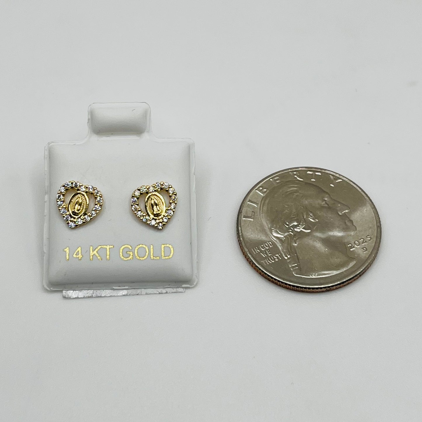 14k Gold Heart Cz Virgin Mary Baby Earrings