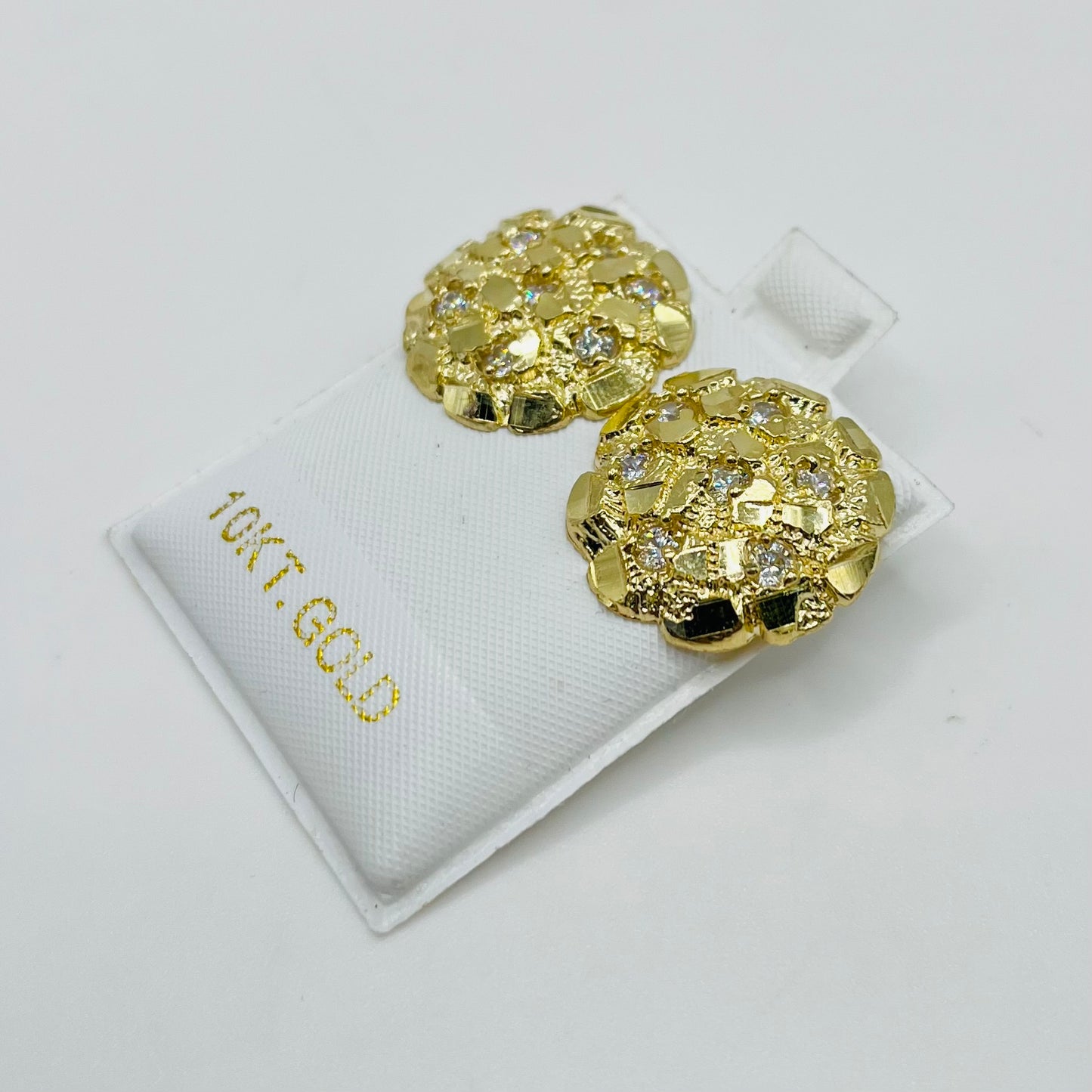 10K Gold Round Nugget Earrings with CZ ( large)