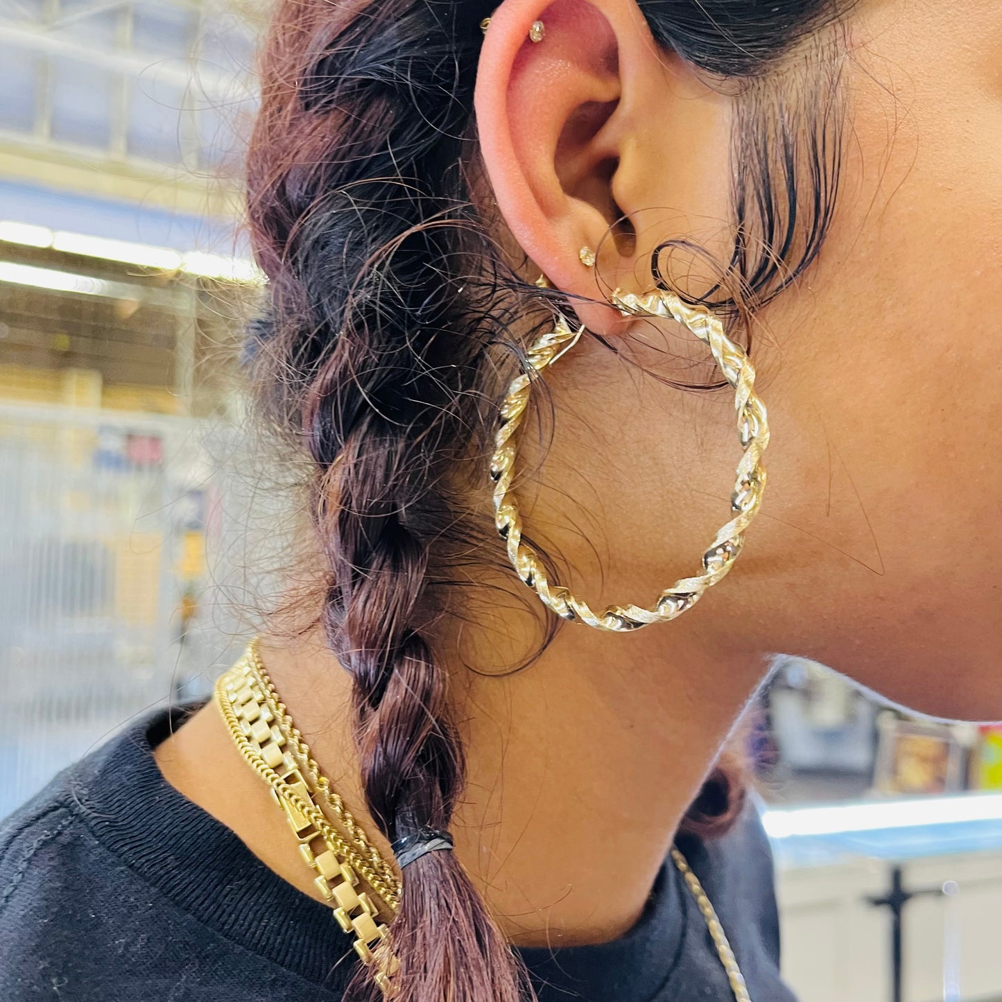 10K Gold 4.3mm Twist Hoop Earrings (2.5" diameter)
