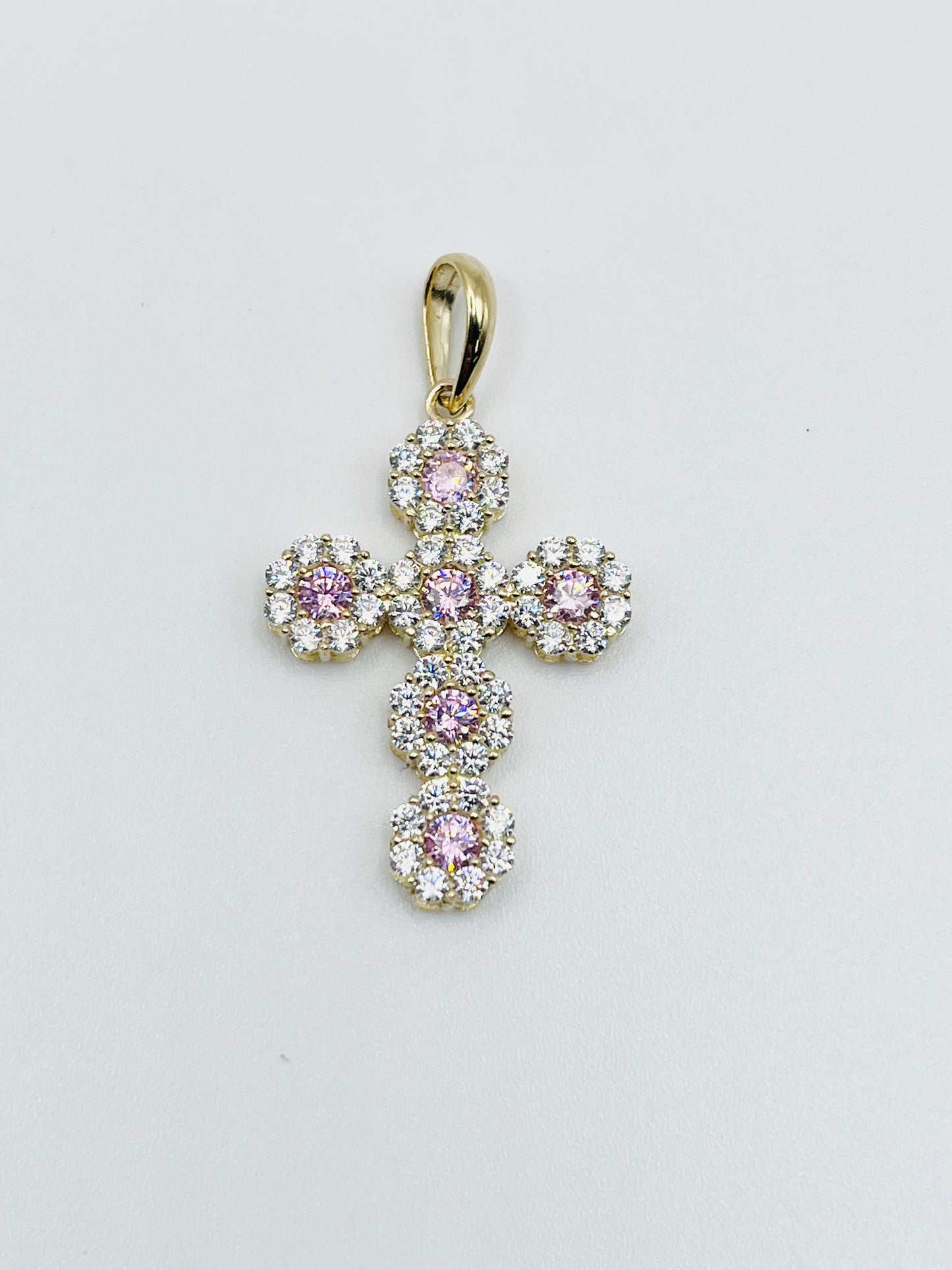 10k Gold Pink and White CZ Flower Cross