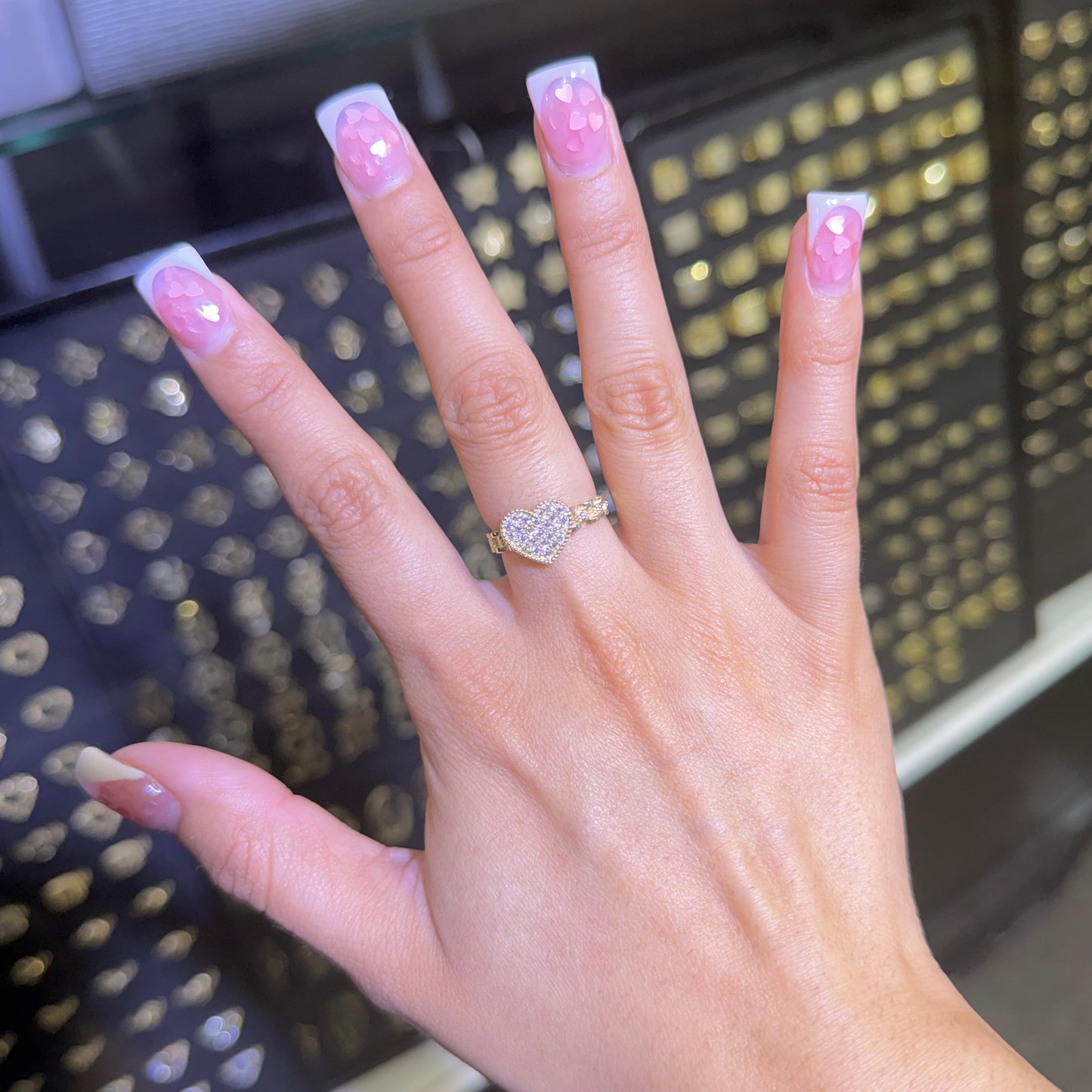 10k Gold Beaded Cz Heart Rx Band Ring