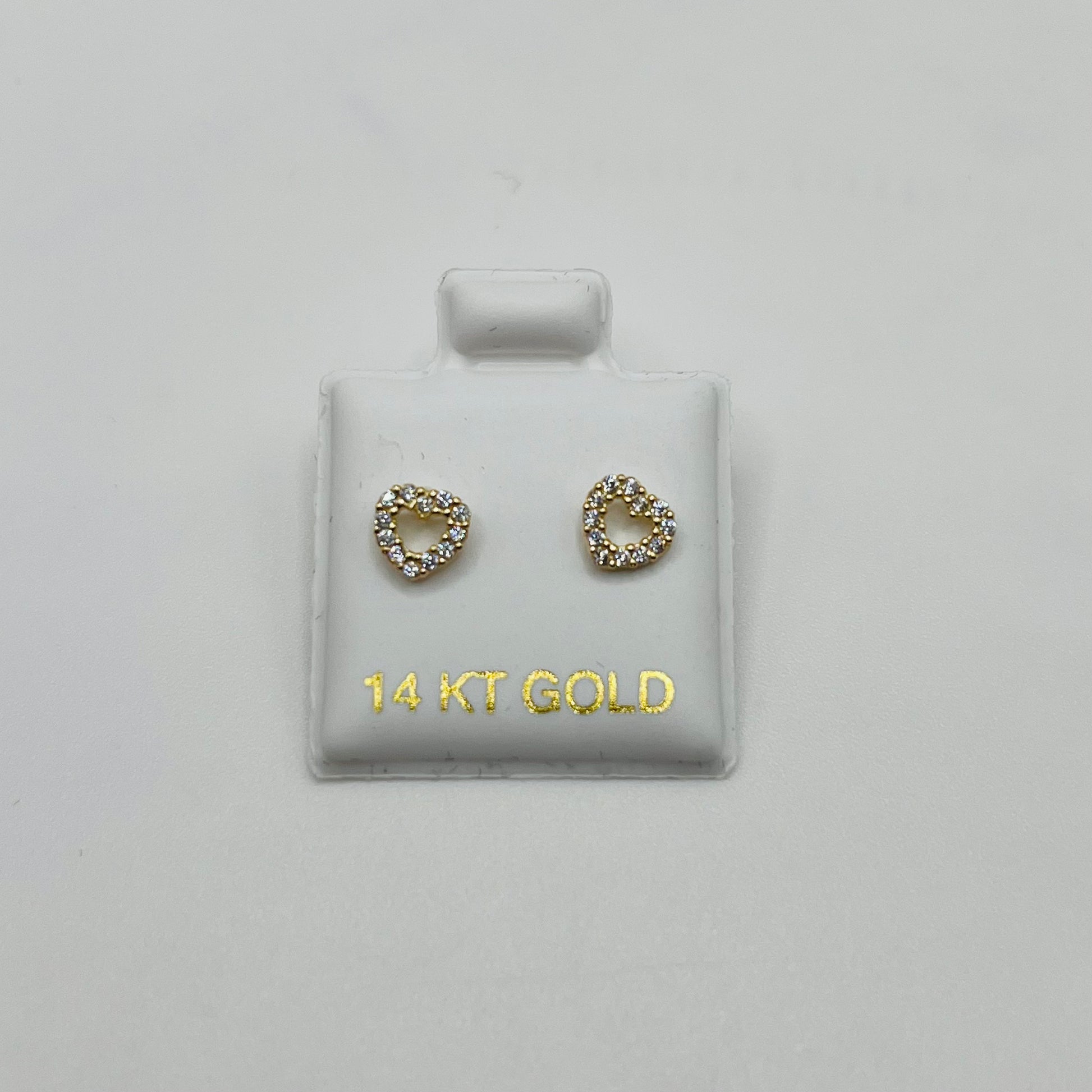 Pair of gold earrings on a display card with '14 KT GOLD' text.