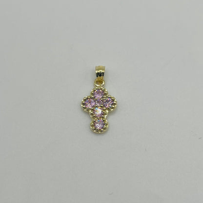 10k Gold Beaded Cz Pink Cross Charm (S)