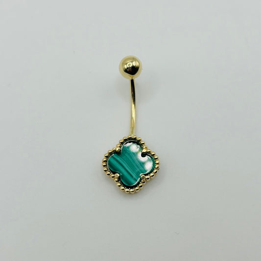 14k Gold Green Clover Belly Ring