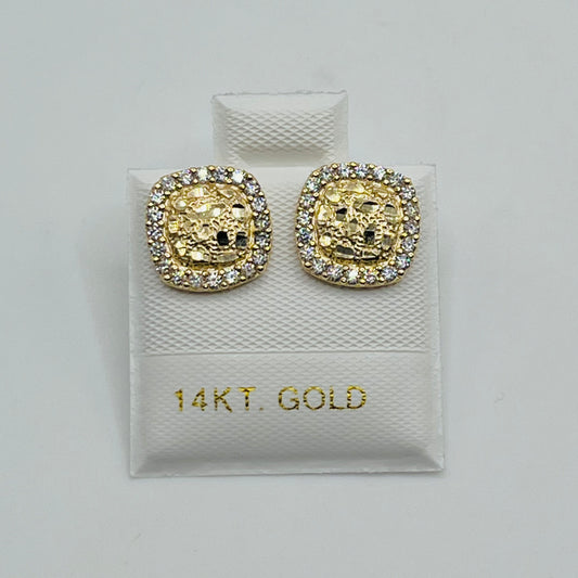 14K Gold Rounded Square Nugget Earrings with CZ border